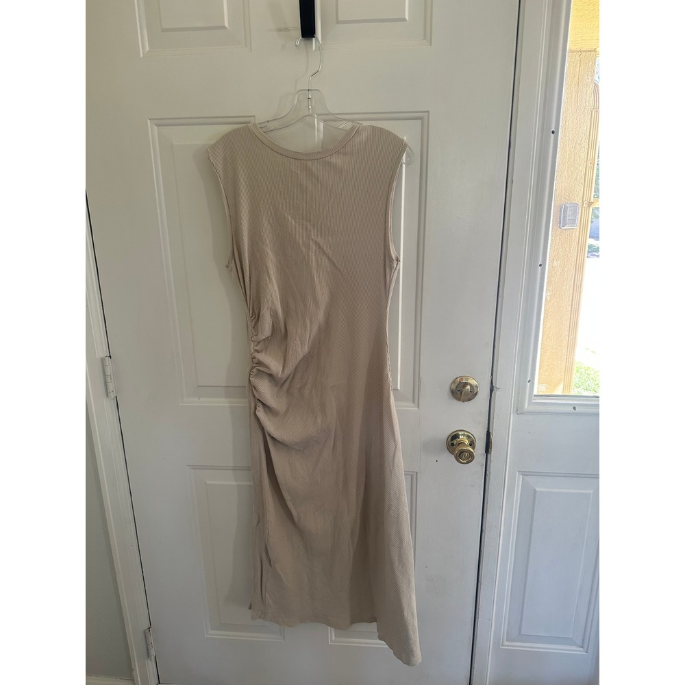 Zara Womens XL Ribbed Ruched Side Midi Dress Beige Sleeveless Tank Dress